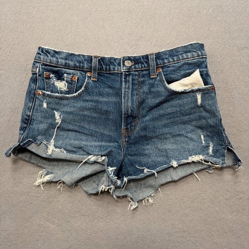Abercrombie & Fitch Mom Shorts Women's 27/4 Blue Cut Off Mid Rise Distressed Y2K